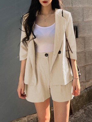 Solid 3 4 Sleeve Lapel Elastic Waist Two Pieces Suit
