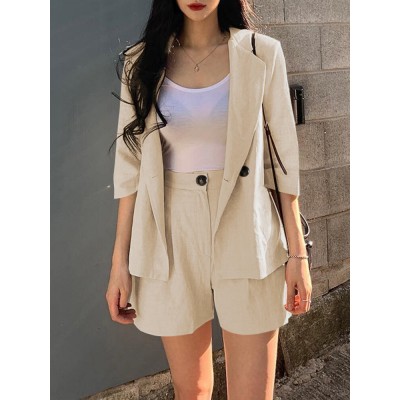 Solid 3 4 Sleeve Lapel Elastic Waist Two Pieces Suit Solid 3 4 Sleeve Lapel Elastic Waist Two Pieces Suit