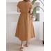 Solid Drawstring Short Sleeve Round Neck Casual Midi Dress Solid Drawstring Short Sleeve Round Neck Casual Midi Dress