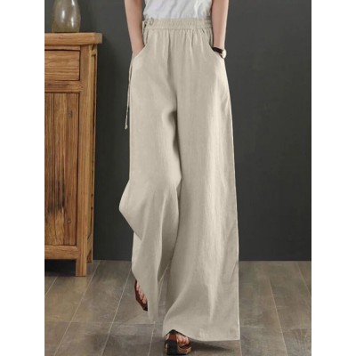Women Solid Drawstring Waist Pocket Wide Leg Pants Women Solid Drawstring Waist Pocket Wide Leg Pants