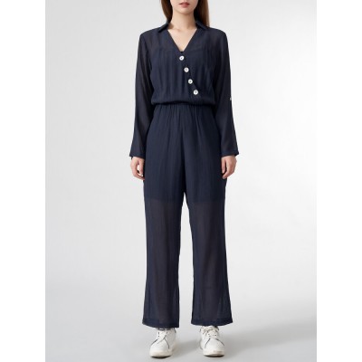 Solid Wrap Button Lapel Pocket Long Sleeve Jumpsuit Solid Wrap Button Lapel Pocket Long Sleeve Jumpsuit