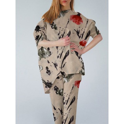 Plant Print Irregular Hem Casual Suit Plant Print Irregular Hem Casual Suit