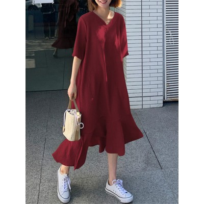 Leisure Solid Ruffle V Neck Midi Casual Dress Leisure Solid Ruffle V Neck Midi Casual Dress