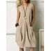 Leisure Solid Pocket Zip Sleeveless Cotton Midi Dress