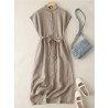 Solid Button Sash Lapel Short Sleeve Casual Cotton Shirt Dress