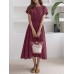 Solid Drawstring Short Sleeve Round Neck Casual Midi Dress Solid Drawstring Short Sleeve Round Neck Casual Midi Dress