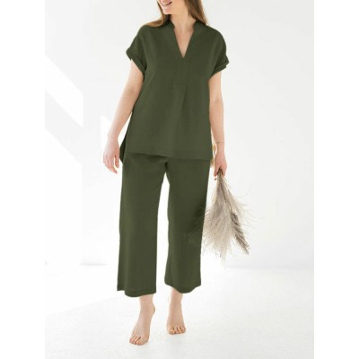Leisure Solid Split Elastic Waist Short Sleeve Cotton Suit Leisure Solid Split Elastic Waist Short Sleeve Cotton Suit