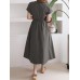Solid Drawstring Short Sleeve Round Neck Casual Midi Dress Solid Drawstring Short Sleeve Round Neck Casual Midi Dress