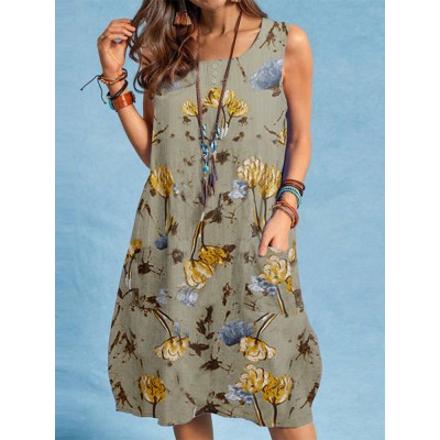 Plant Print Button Pocket Sleeveless Round Neck Print Midi Dress Plant Print Button Pocket Sleeveless Round Neck Print Midi Dress