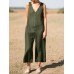 Solid Button V Neck Sleeveless Casual Cotton Jumpsuit Solid Button V Neck Sleeveless Casual Cotton Jumpsuit
