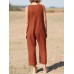 Solid Button V Neck Sleeveless Casual Cotton Jumpsuit Solid Button V Neck Sleeveless Casual Cotton Jumpsuit