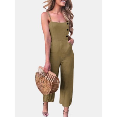 Solid Color Button Pocket Zipper Strap Sleeveless Loose Casual Jumpsuit Solid Color Button Pocket Zipper Strap Sleeveless Loose Casual Jumpsuit