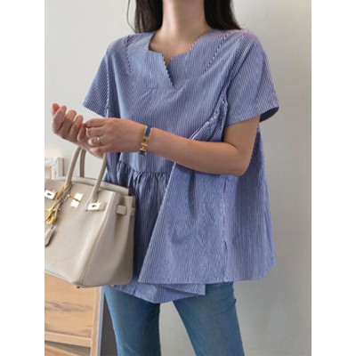 Stripe Print Notch Neck Short Sleeve Loose Blouse Stripe Print Notch Neck Short Sleeve Loose Blouse