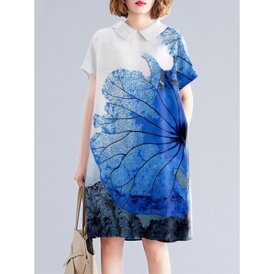 Leaves Print Peter Pan Collar Pocket Keyhole Back Dress Leaves Print Peter Pan Collar Pocket Keyhole Back Dress