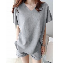 Leisure Solid Pocket V Neck Short Sleeve Suit
