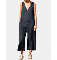 Solid Button V Neck Sleeveless Casual Cotton Jumpsuit