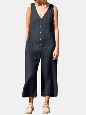 Solid Button V Neck Sleeveless Casual Cotton Jumpsuit
