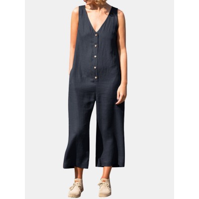 Solid Button V Neck Sleeveless Casual Cotton Jumpsuit Solid Button V Neck Sleeveless Casual Cotton Jumpsuit