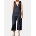 Solid Button V Neck Sleeveless Casual Cotton Jumpsuit Solid Button V Neck Sleeveless Casual Cotton Jumpsuit