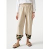 Women Leaves Stitch Elastic Waist Pocket Crop Pants