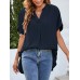 Solid Split Roll Sleeve High Low Hem Casual Blouse Solid Split Roll Sleeve High Low Hem Casual Blouse