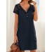 Solid Button Pocket Patchwork Hollow Out Short Sleeve Casual Dress Solid Button Pocket Patchwork Hollow Out Short Sleeve Casual Dress