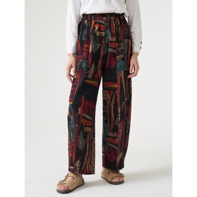 Vintage Print Dual Pocket Elastic Waist Pants For Women Vintage Print Dual Pocket Elastic Waist Pants For Women