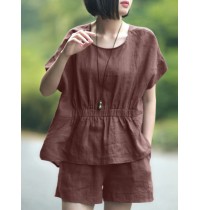 Leisure Solid Pocket Ruched High  Low Hem Elastic Waist Cotton Suit
