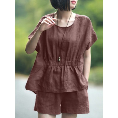 Leisure Solid Pocket Ruched High Low Hem Elastic Waist Cotton Suit Leisure Solid Pocket Ruched High Low Hem Elastic Waist Cotton Suit