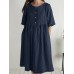 Solid Button Ruched Half Sleeve Casual Cotton Midi Dress