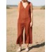 Solid Button V Neck Sleeveless Casual Cotton Jumpsuit Solid Button V Neck Sleeveless Casual Cotton Jumpsuit