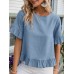 Solid Ruffle Round Neck Short Sleeve Casual Blouse Solid Ruffle Round Neck Short Sleeve Casual Blouse