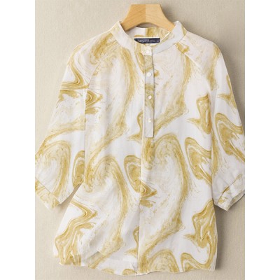 Wave Pattern Button Stand Collar Casual Blouse Wave Pattern Button Stand Collar Casual Blouse