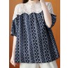 Stripe Lace Patchwork Half Sleeve Round Neck Blouse