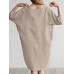 Solid Color 3 4 Sleeve O neck Pocket Cotton Dress Solid Color 3 4 Sleeve O neck Pocket Cotton Dress