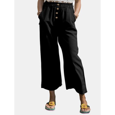 Solid Color Wide legged Elastic Waist Cotton Pants Solid Color Wide legged Elastic Waist Cotton Pants
