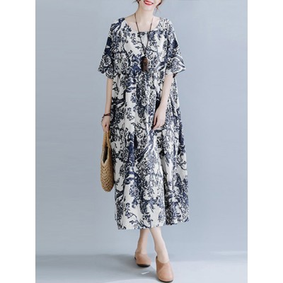 Plant Print Pocket Round Neck Cotton Dress Plant Print Pocket Round Neck Cotton Dress
