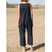 Solid Button V Neck Sleeveless Casual Cotton Jumpsuit Solid Button V Neck Sleeveless Casual Cotton Jumpsuit