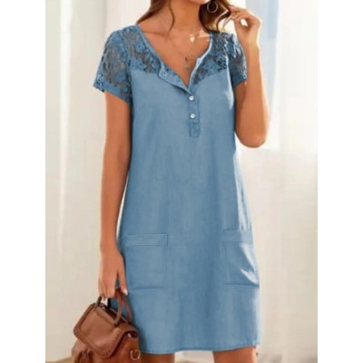 Solid Button Pocket Patchwork Hollow Out Short Sleeve Casual Dress Solid Button Pocket Patchwork Hollow Out Short Sleeve Casual Dress