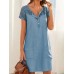 Solid Button Pocket Patchwork Hollow Out Short Sleeve Casual Dress Solid Button Pocket Patchwork Hollow Out Short Sleeve Casual Dress
