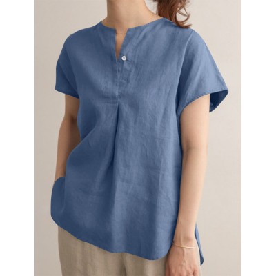 Solid Slit Short Sleeve Crew Neck Casual Loose Blouse Solid Slit Short Sleeve Crew Neck Casual Loose Blouse