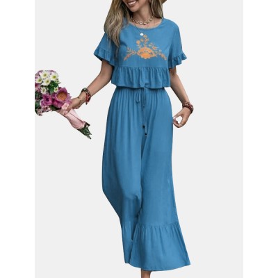 Embroidery Drawstring Waist Ruffle Wide Leg Two Pieces Suit Embroidery Drawstring Waist Ruffle Wide Leg Two Pieces Suit