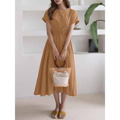 Solid Drawstring Short Sleeve Round Neck Casual Midi Dress Solid Drawstring Short Sleeve Round Neck Casual Midi Dress