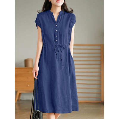 Solid Pocket Drawstring Waist Button V neck Short Sleeve Dress Solid Pocket Drawstring Waist Button V neck Short Sleeve Dress