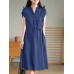Solid Pocket Drawstring Waist Button V neck Short Sleeve Dress Solid Pocket Drawstring Waist Button V neck Short Sleeve Dress