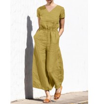 Solid Pocket Elastic Waist Short Sleeve Casual Cotton Jumpsuit