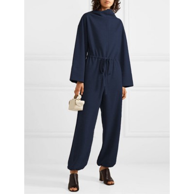 Solid Color Plain Knitted Drawstring Long Sleeve Casual Jumpsuit for Women Solid Color Plain Knitted Drawstring Long Sleeve Casual Jumpsuit for Women