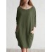 Solid Color 3 4 Sleeve O neck Pocket Cotton Dress Solid Color 3 4 Sleeve O neck Pocket Cotton Dress