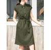 Solid Button Pocket Sash Lapel Casual Cotton Midi Dress