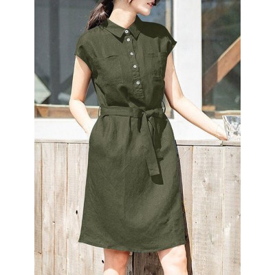 Solid Button Pocket Sash Lapel Casual Cotton Midi Dress Solid Button Pocket Sash Lapel Casual Cotton Midi Dress